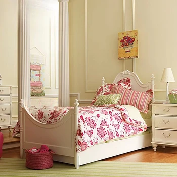 Bērnu gulta masīvkoka princese viena meitene istabu baltu retro cirsts montāža
