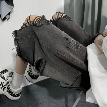 Jaunā Stila Ripped Džinsa Bikses Vīriešu Apģērbu 2024 Vasaras Piecu punktu korejas Gadījuma Jaunatnes Taisnas Bikses Boutique Apģērbu B44