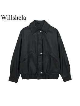 Willshela Sieviešu Modes PU Black Front Rāvējslēdzēju Bomber Žaketes Vintage Atloks Apkakli, garām Piedurknēm, Sieviešu Šiks Lady Tērpiem