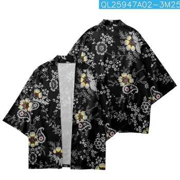 Tradicionālajā Vasaras Streetwear Ziedu Iespiests Melnā Japāņu Kimono Pludmales Šorti Sievietēm, Vīriešiem Yukata Harajuku Haori Jaciņa