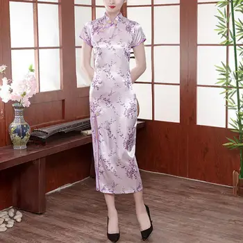 Retro Printed Kleita Elegantu Mākslīgās Satīna Ilgi Cheongsam Ķīniešu Stilā Stand Apkakli, Īsām Piedurknēm Qipao Ziedu Drukāt Pusē