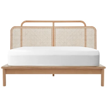 Masīvkoka gulta mūsdienu luksusa rotangpalmas divguļamā gulta homestay mēbeles