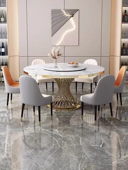 Gaismas luksusa titāna zelta ēdamgalds, sadzīves marmora kārta pusdienu galda un krēsla kombinācijā gaismas akmens plāksnes pusdienu galda