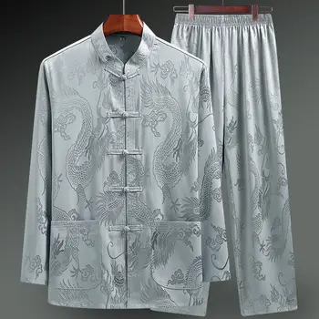 Vīriešu Zīda Satīna Krekls Ķīniešu Tradicionālās Tang Uzvalks Gluda Vīriešiem Pūķis Drukāt Krekls Biznesa Chemise Homme Gadījuma Kong Fu Krekli