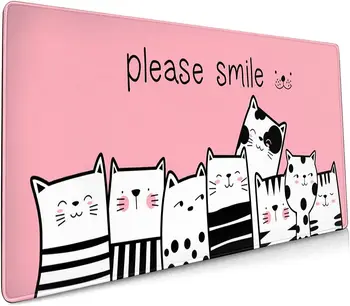 Smaids Rozā Kaķis XL ar Sašūtām Malām Pagarināts Ūdensizturīgs Rakstāmgalda Paliktni, neslīdoša Gumijas Pamatne Liela Tastatūra Mat Datoru 35.4×15.7 Gadā