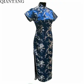 Tumši Zila Vintage Ķīniešu Sieviešu Satīna Ilgi Cheongsam Qipao Vakara Kleita Ziedu Plus Izmērs S M L XL XXL XXXL 4XL 5XL 6XL J3089