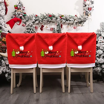 Ziemassvētku Krēslu Vāciņu Sarkana Ziemassvētku Vecīša Cepure, Ēdamistabas Krēsls Vāks 2024. Gadam Jauno Gadu Un Priecīgus Ziemassvētkus Puse Mājas Virtuves Galda Dekori