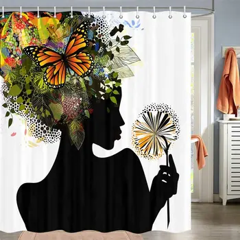 Krāsains Madame Butterfly Dušas Aizkaru, Mūsdienu Versija ar Pavasara Spirālveida Apļi Lapu Botānika Melna Meitene Auduma Vannas istaba Dekori