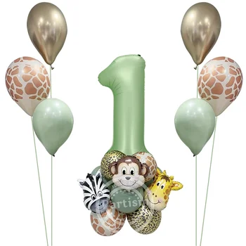 1set Kartona Savvaļas Vienu Dzīvnieku Baloni Tornis ar Vintage Green Skaits Balonu, Bērniem, Džungļu Safari Dzimšanas dienas svinības Rotājumi
