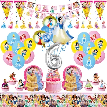 Disney Princess Birthday Party Apdares Numuru Balonu Galda Piederumi Sniega Balta Galdauta Fona Tases Plāksnes Meitene