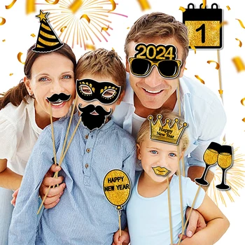 2024 Laimīgu Jauno Gadu Apdare Photo Booth Aksesuārus DIY Ūsas Lūpām Brilles, Maskas Photobooth Piederumi Roku Turēt Piederumi