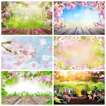 Pavasarī Rozā Ziedu Fotogrāfijas Fons Ziedu Cherry Blossom Zaļās Lapas, Dabas Ainavu Bērnu Portretu Fona Foto Studija