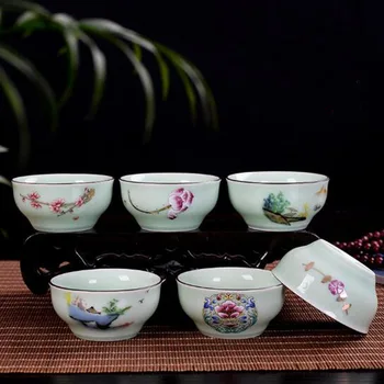 6pcs/set Ķīnas Tējas Bļodā Drinkware 50ml par Puer Dzeramā Rīku, zaļpelēka krāsa Teacup Ziedu Paterrn Kungfu Tēju Komplekts